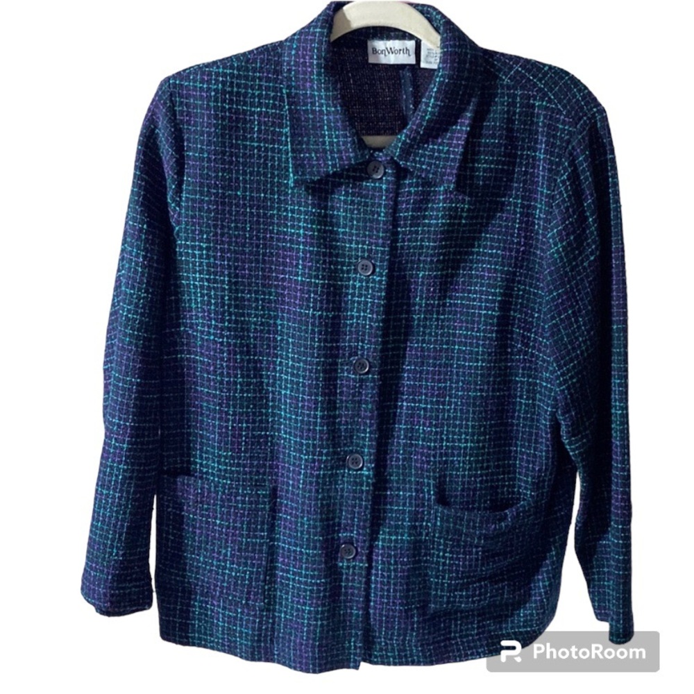 BonWorth blazer SP purple teal black‎ tweed office oversized career old money